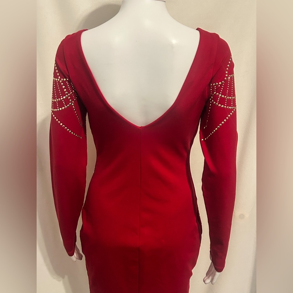 Bebe Red Embellished Dress Gold Studs Holiday Party Witchy Whimsigoth Steampunk - Picture 6 of 8